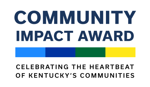 Community Impact Award text logo with colorful bar and words Celebrating the heartbeat of Kentucky's communities